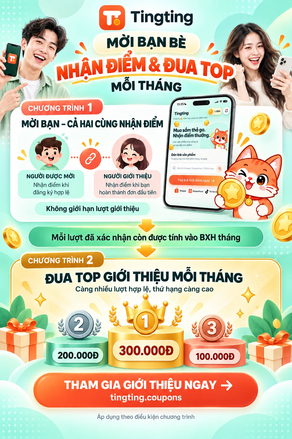 Poster chương trình TingTing: mời bạn bè nhận điểm và đua Top giới thiệu hàng tháng